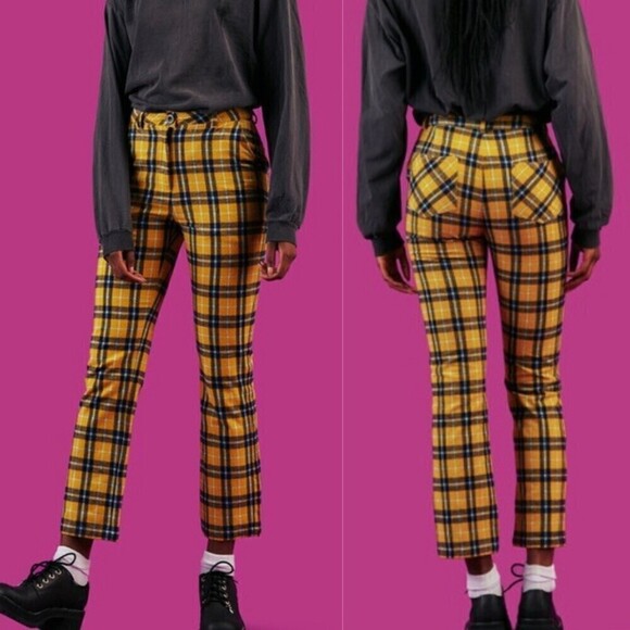 UNIF Womens Size 00 Dawson Yellow Cotton Plaid Straight Leg Ankle Trouser Pants - Picture 3 of 11